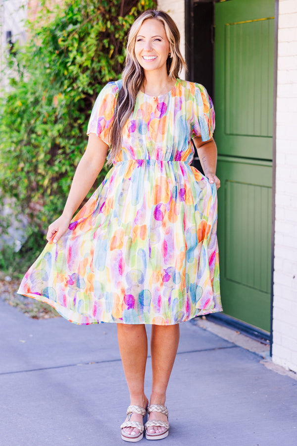 Chic Soul plus size clothing, short-sleeve orange combo flowy dress with smocked waistline and watercolor spotted pattern