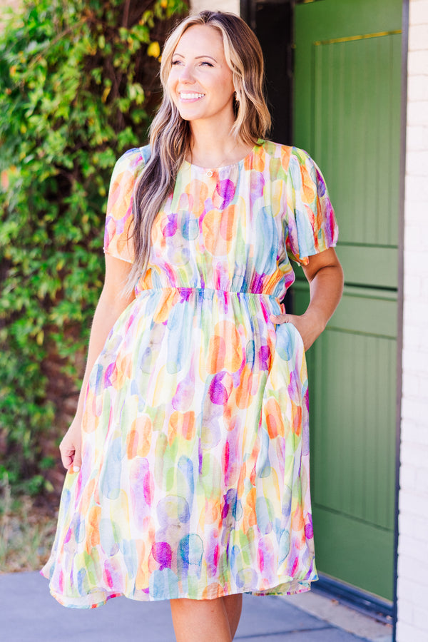 Chic Soul plus size clothing, short-sleeve orange combo flowy dress with smocked waistline and watercolor spotted pattern
