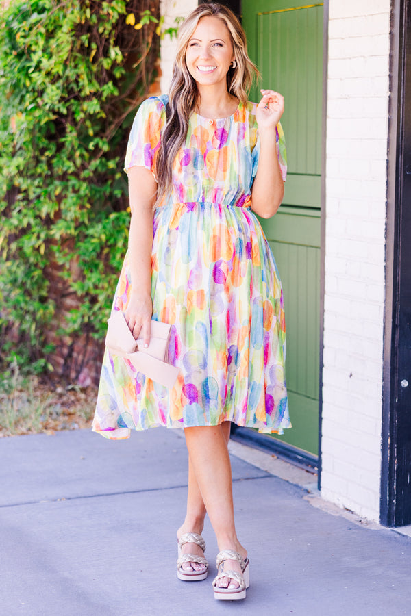 Chic Soul plus size clothing, short-sleeve orange combo flowy dress with smocked waistline and watercolor spotted pattern