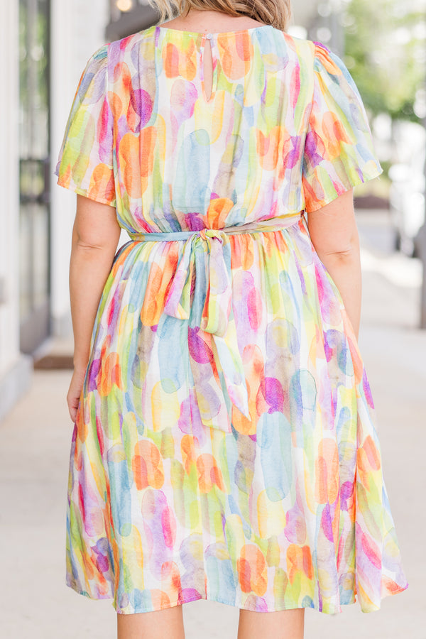 Chic Soul plus size clothing, short-sleeve orange combo flowy dress with smocked waistline and watercolor spotted pattern
