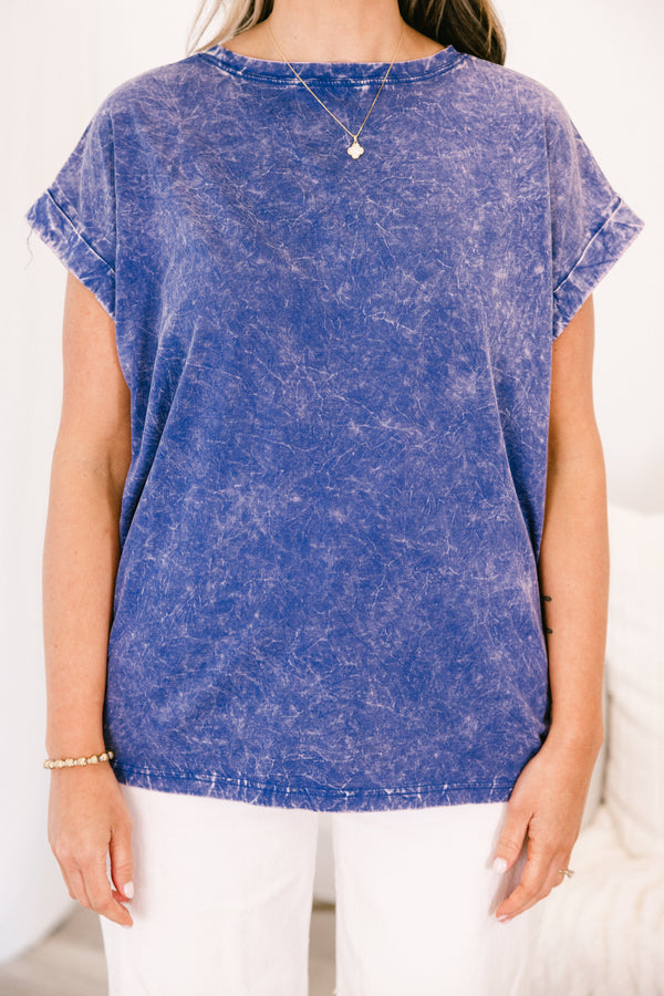 Chic Soul plus size clothing, blueberry blue acid wash short sleeve top