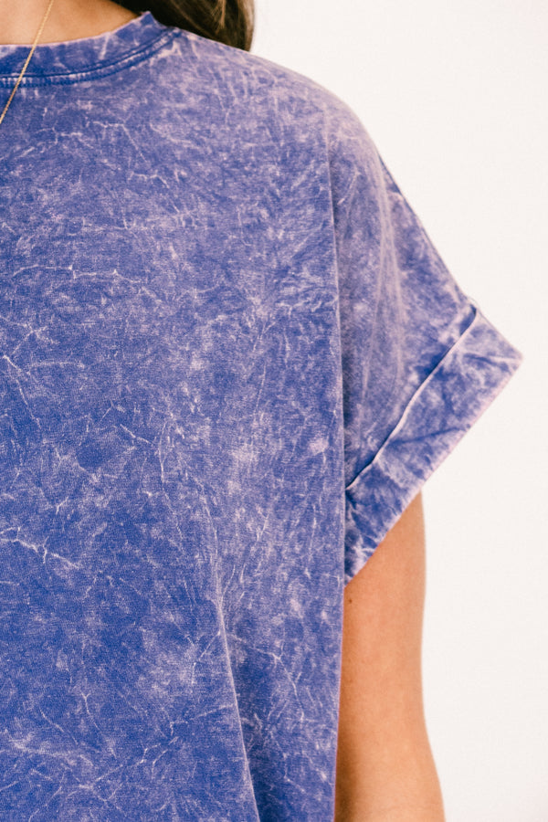 Chic Soul plus size clothing, blueberry blue acid wash short sleeve top