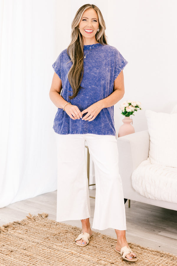 Chic Soul plus size clothing, blueberry blue acid wash short sleeve top