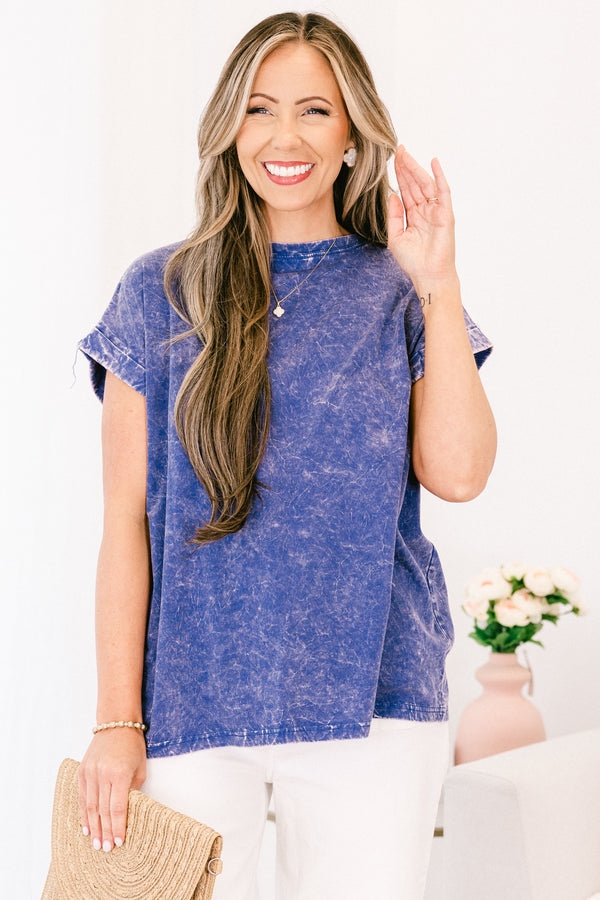 Chic Soul plus size clothing, blueberry blue acid wash short sleeve top