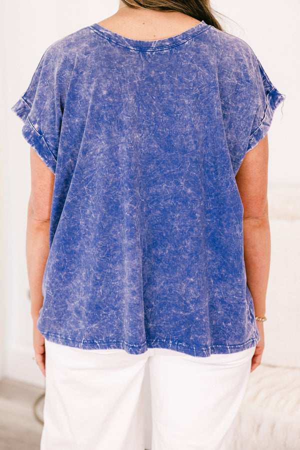 Chic Soul plus size clothing, blueberry blue acid wash short sleeve top