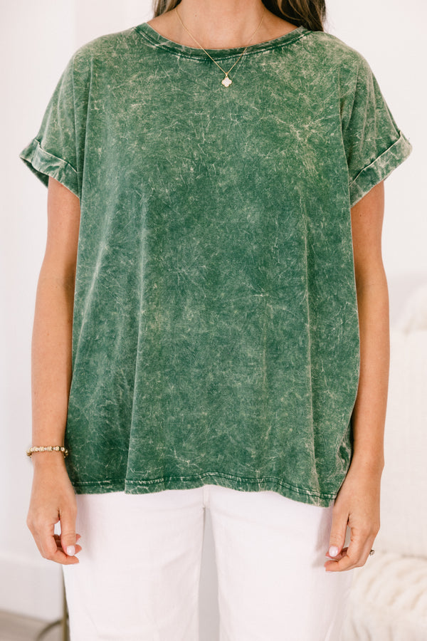 Chic Soul plus size clothing, short-sleeve dark green mineral wash top with a high-scoop-neckline