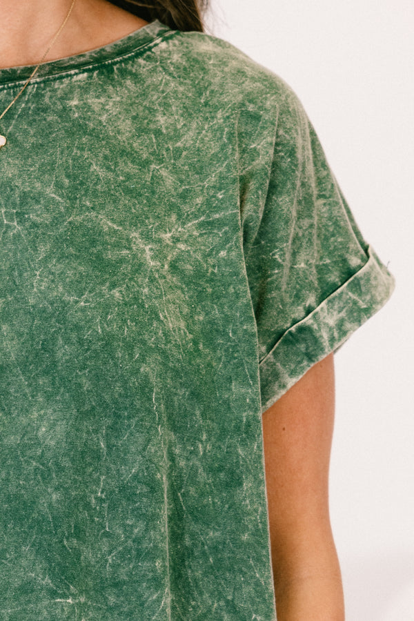 Chic Soul plus size clothing, short-sleeve dark green mineral wash top with a high-scoop-neckline