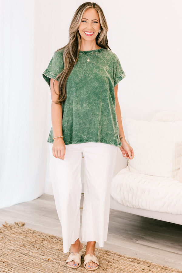 Chic Soul plus size clothing, short-sleeve dark green mineral wash top with a high-scoop-neckline