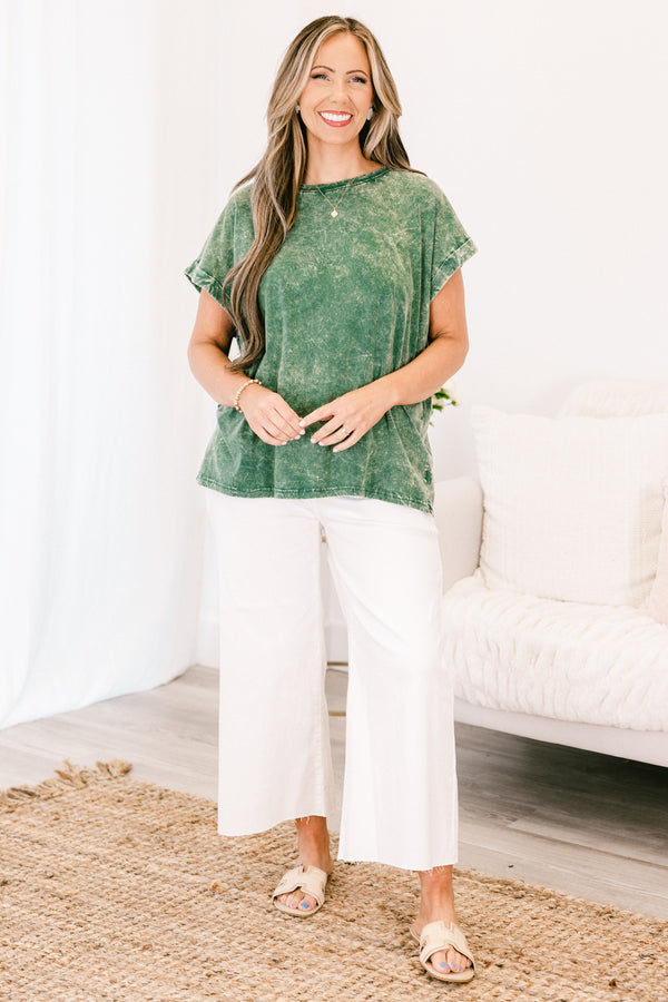 Chic Soul plus size clothing, short-sleeve dark green mineral wash top with a high-scoop-neckline