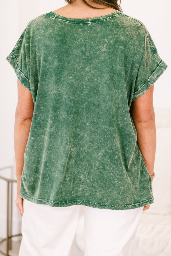 Chic Soul plus size clothing, short-sleeve dark green mineral wash top with a high-scoop-neckline