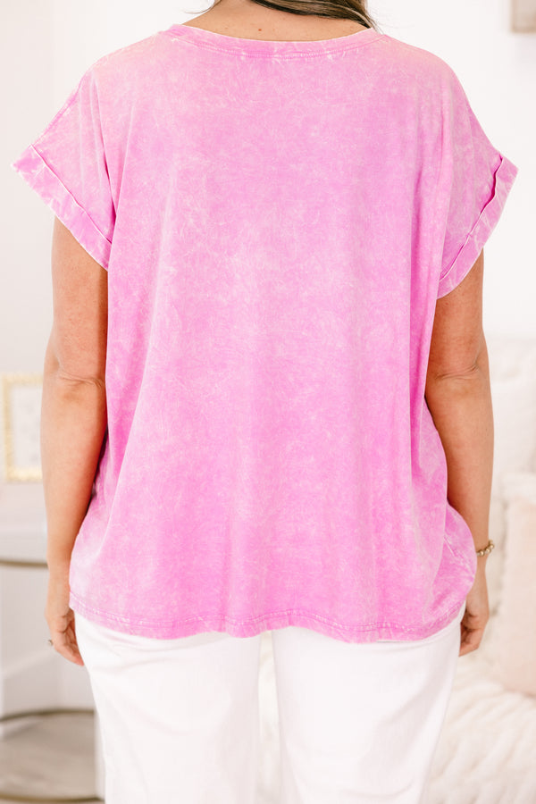 Chic Soul plus size clothing, short-cuffed-sleeve mauve pink mineral wash top with a high-scoop-neckline 