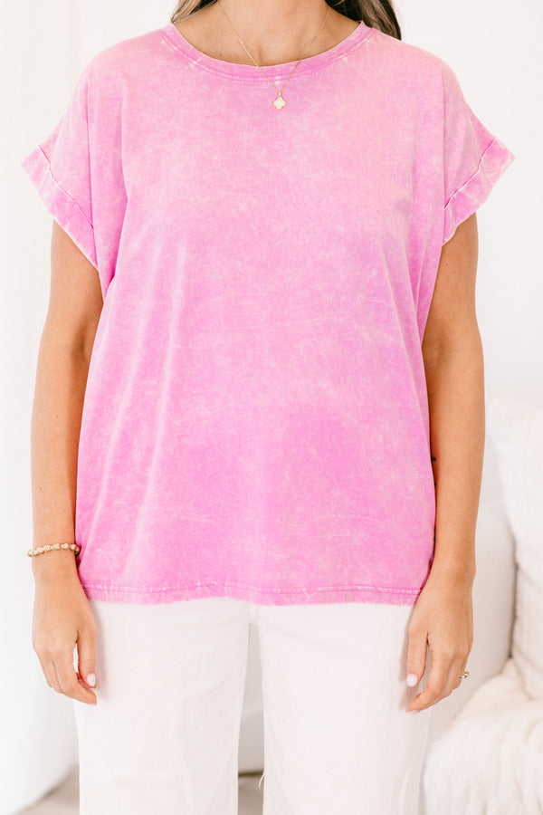 Chic Soul plus size clothing, short-cuffed-sleeve mauve pink mineral wash top with a high-scoop-neckline 