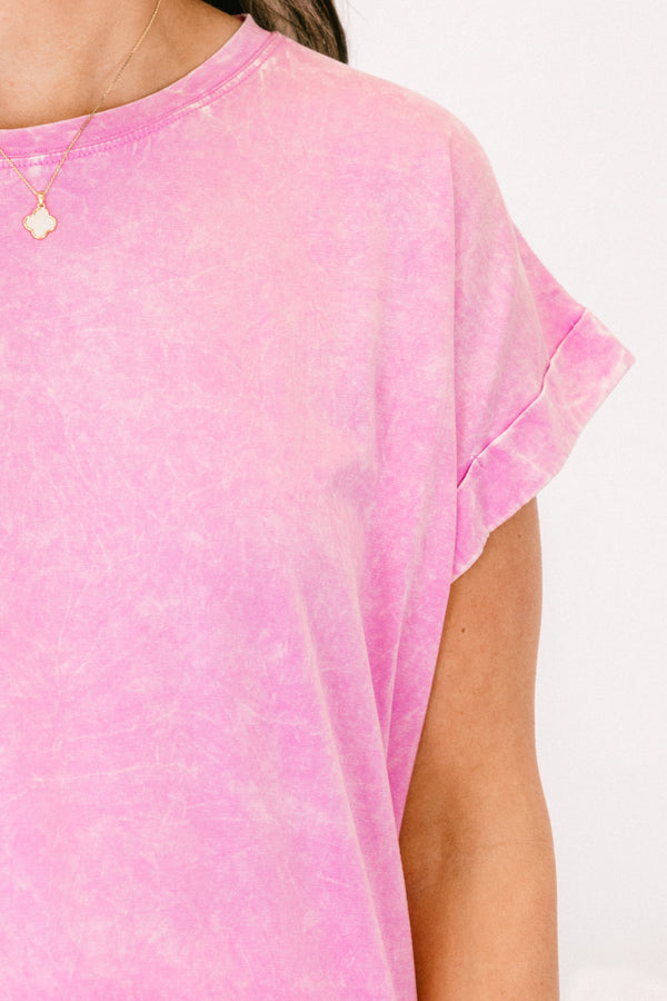 Chic Soul plus size clothing, short-cuffed-sleeve mauve pink mineral wash top with a high-scoop-neckline 