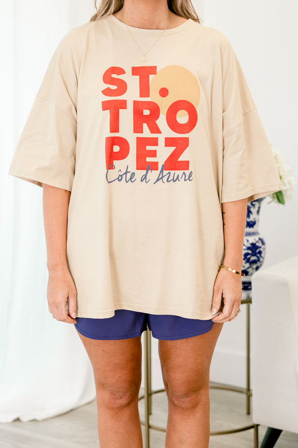 Chic Soul plus size clothing, light mocha short sleeve boyfriend tee with round neckline with 