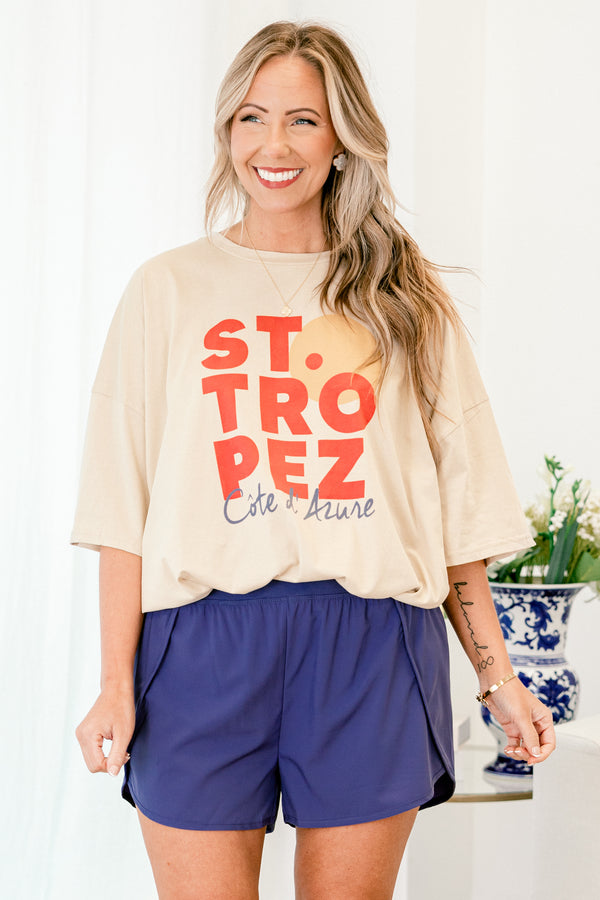 Chic Soul plus size clothing, light mocha short sleeve boyfriend tee with round neckline with 