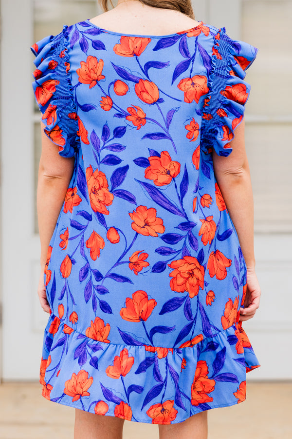 Chic Soul plus size clothing, royal blue with orange floral print mini dress with ruffle short sleeves with ruffle along the bottom