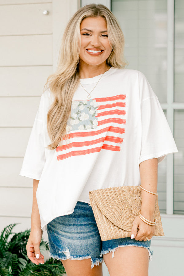 Chic Soul plus size clothing, white half sleeve tee with American flag flower graphic