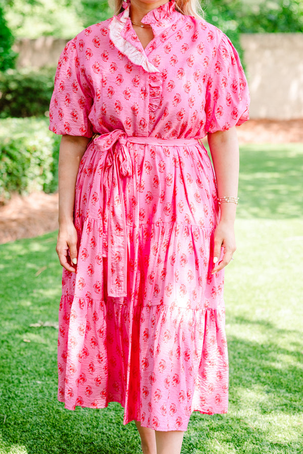 Chic Soul Plus size clothing, fuchsia tiered midi dress with a block pattern and a belt around the waist  

