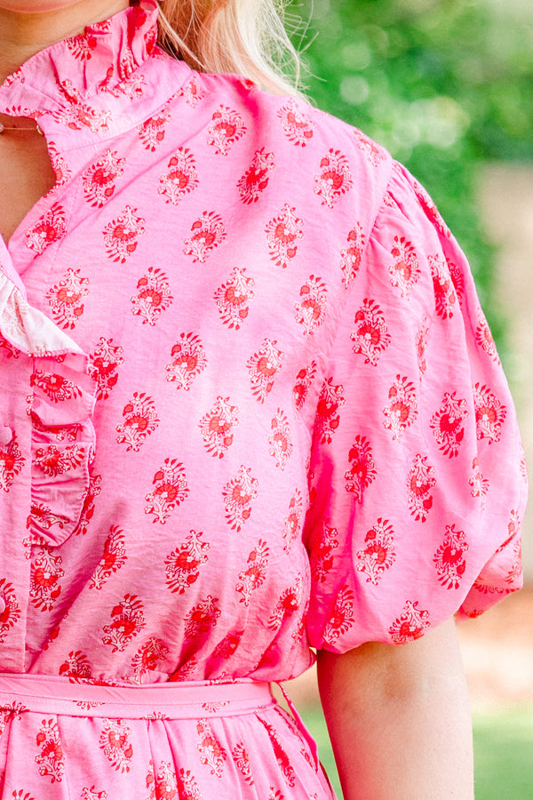 Chic Soul Plus size clothing, fuchsia tiered midi dress with a block pattern and a belt around the waist  
