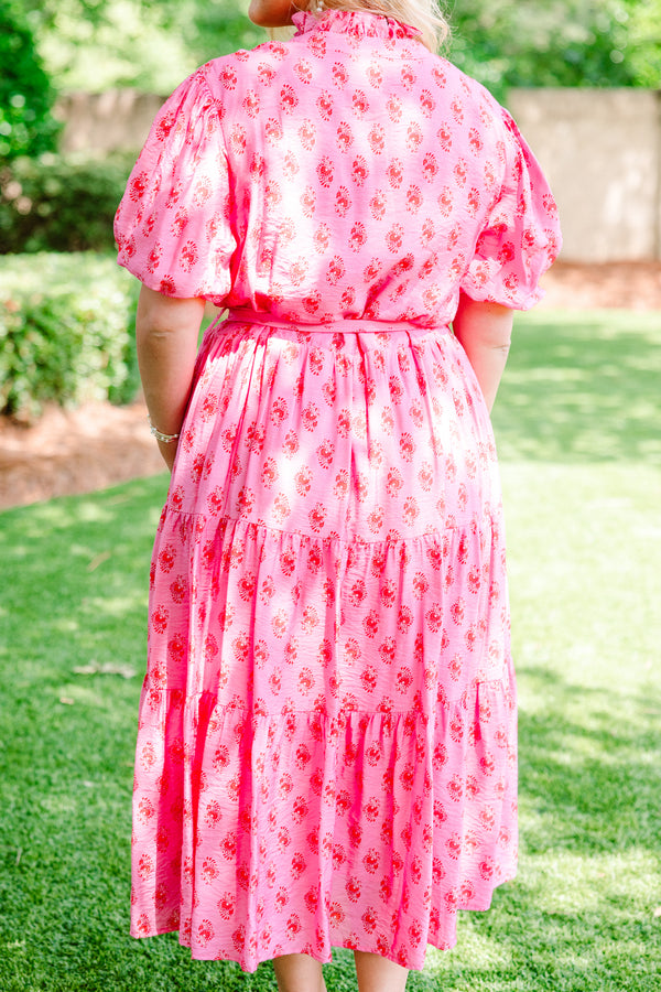 Chic Soul Plus size clothing, fuchsia tiered midi dress with a block pattern and a belt around the waist  
