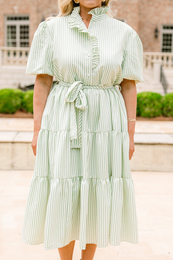 Chic Soul plus size clothing, white and green vertical stripe short puff sleeve midi dress with waist tie, collar, and buttons down the top