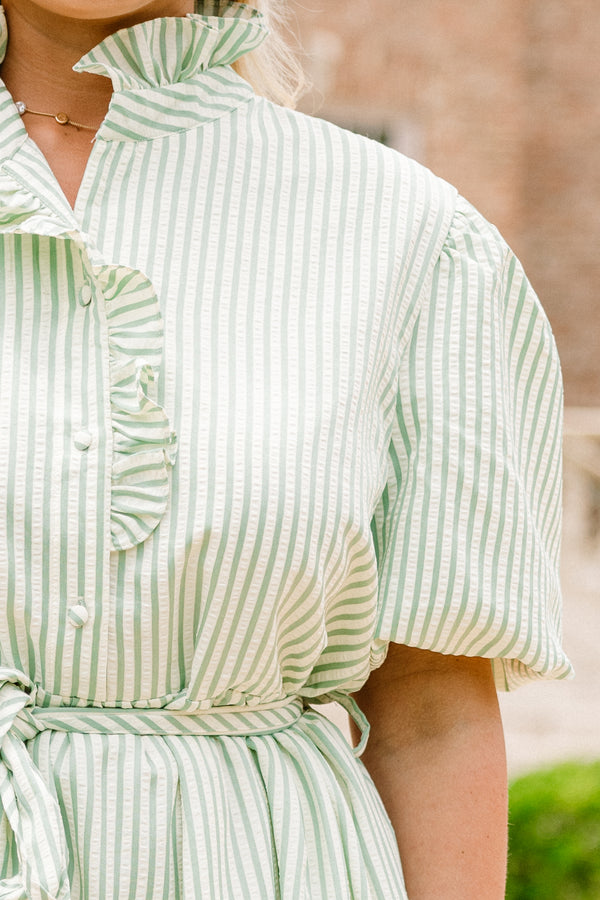 Chic Soul plus size clothing, white and green vertical stripe short puff sleeve midi dress with waist tie, collar, and buttons down the top