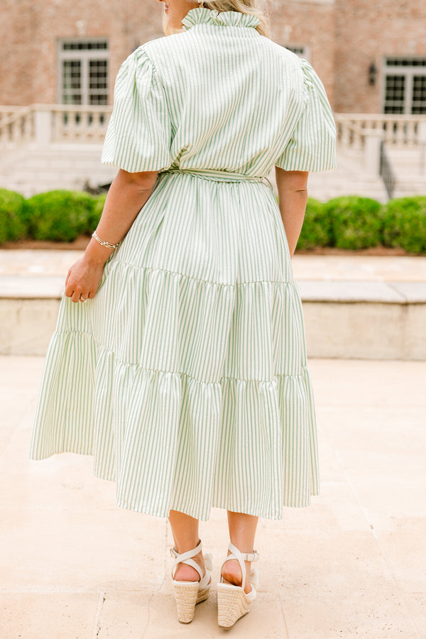 Chic Soul plus size clothing, white and green vertical stripe short puff sleeve midi dress with waist tie, collar, and buttons down the top