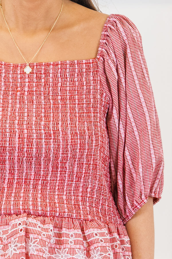 Chic Soul plus size clothing, short-puffed-sleeve red ruffled baby doll top with white eyelet stitching and a square-neckline with a smocked bodice 