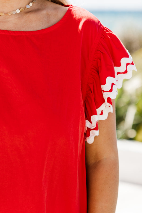 Chic Soul plus size clothing, red short sleeve top with round neckline with white scalloped detail along sleeves