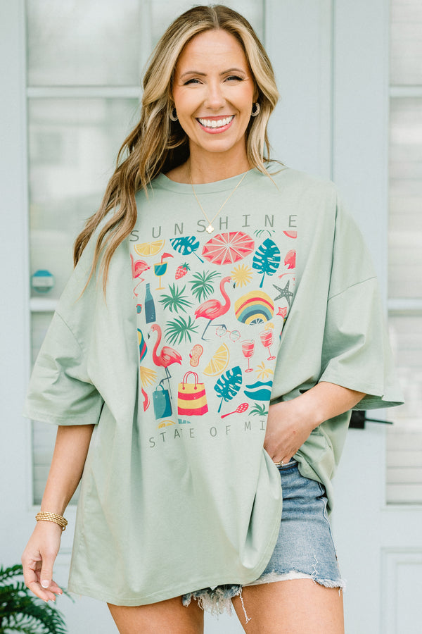 Chic Soul plus size clothing, light sage short sleeve boyfriend tee with round neckline with 
