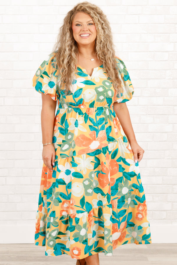 Chic Soul plus size clothing, multicolor floral pattern tiered midi dress with puff sleeves and a cinched waistline