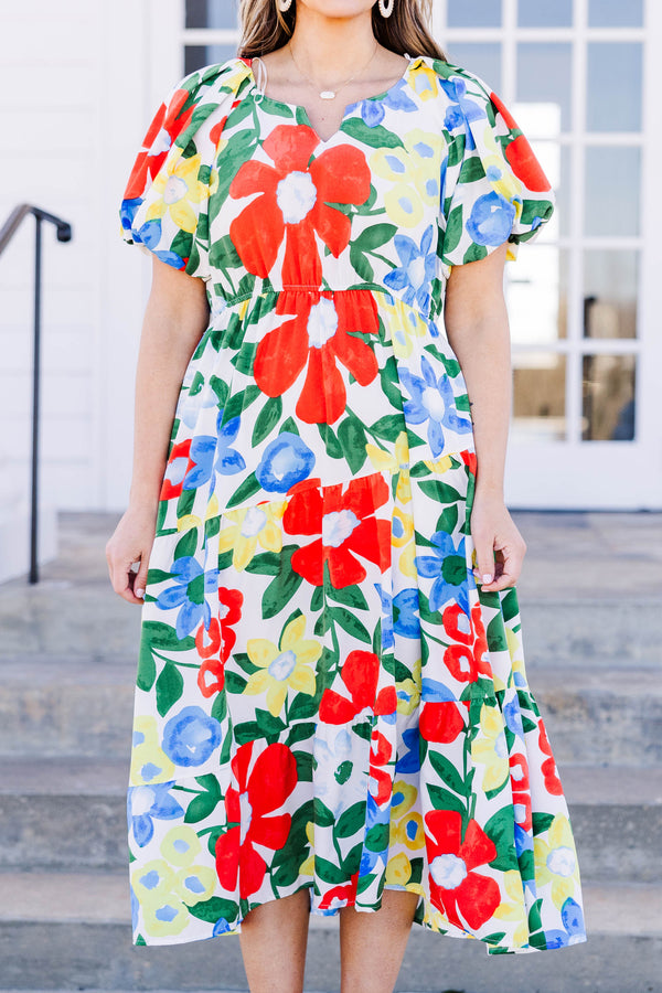 Chic Soul plus size clothing, off white midi dress with short puff sleeves and tired detailing with mix floral print with v cutout along neckline