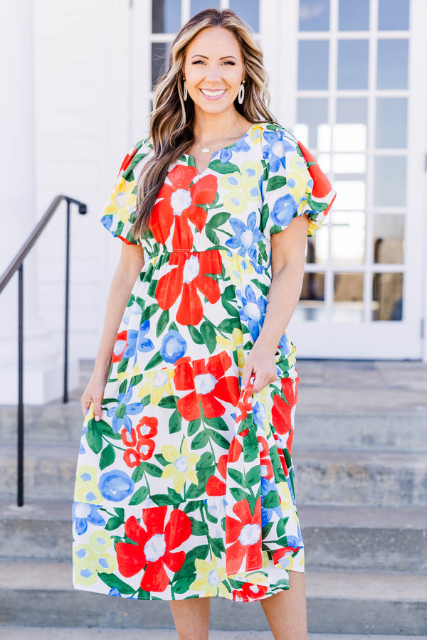 Chic Soul plus size clothing, off white midi dress with short puff sleeves and tired detailing with mix floral print with v cutout along neckline