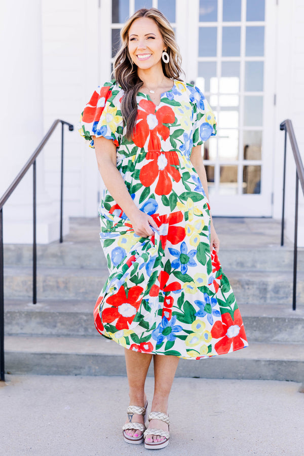 Chic Soul plus size clothing, off white midi dress with short puff sleeves and tired detailing with mix floral print with v cutout along neckline