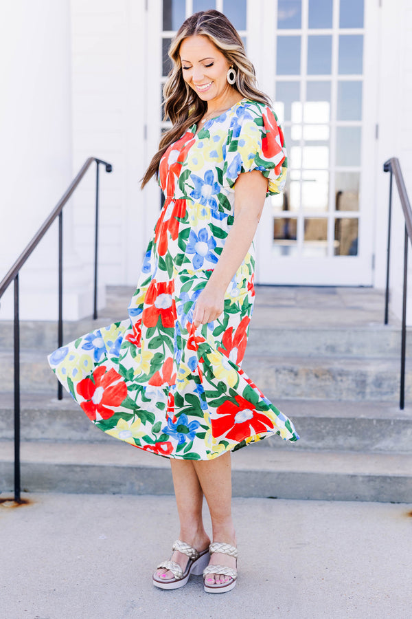 Chic Soul plus size clothing, off white midi dress with short puff sleeves and tired detailing with mix floral print with v cutout along neckline