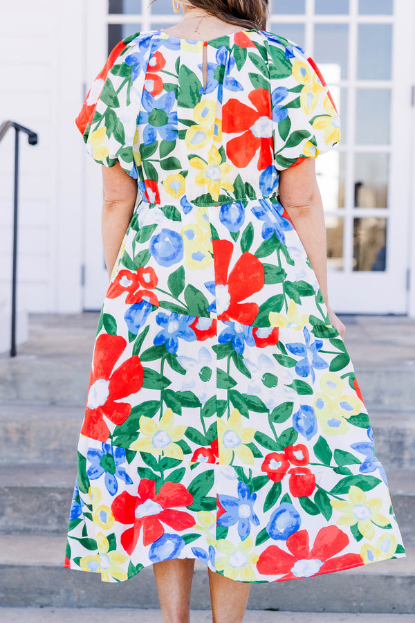 Chic Soul plus size clothing, off white midi dress with short puff sleeves and tired detailing with mix floral print with v cutout along neckline