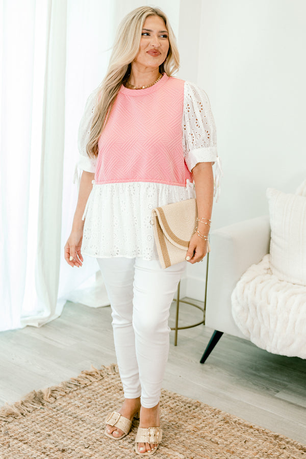 Chic Soul plus size clothing,White and pink top with white eyelet bubble sleeves and a white eyelet ruffle detail on the bottom of the shirt 
