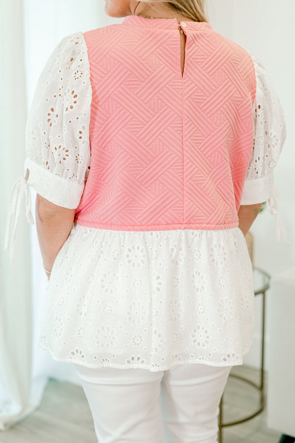 Chic Soul plus size clothing,White and pink top with white eyelet bubble sleeves and a white eyelet ruffle detail on the bottom of the shirt 

