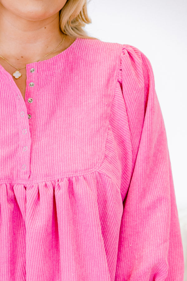 Chic Soul plus size clothing, pink babydoll top with long bubble sleeves and buttons going down the chest 