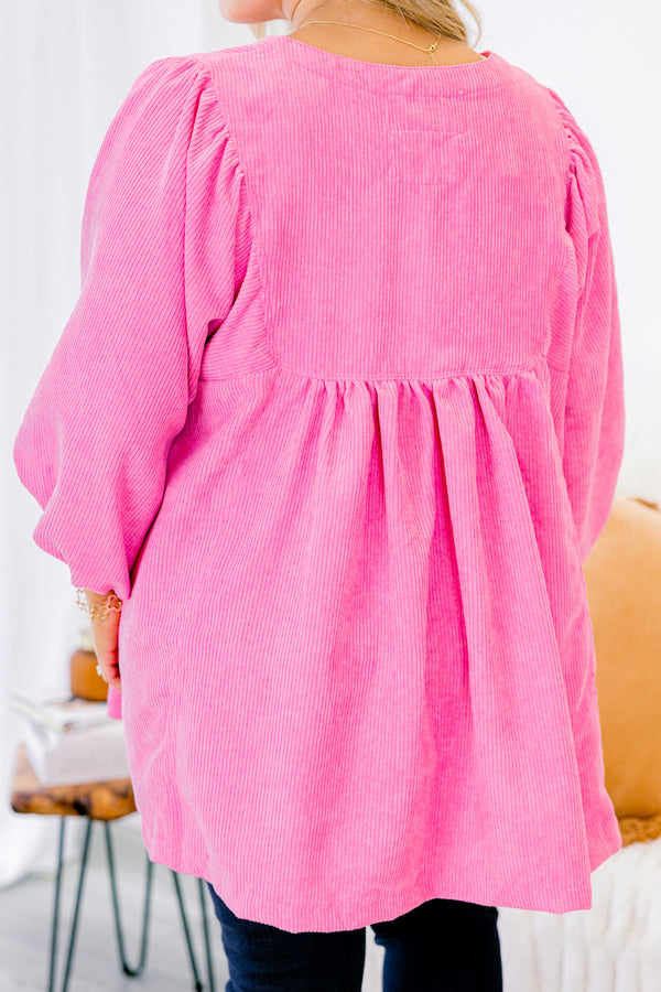 Chic Soul plus size clothing, pink babydoll top with long bubble sleeves and buttons going down the chest 