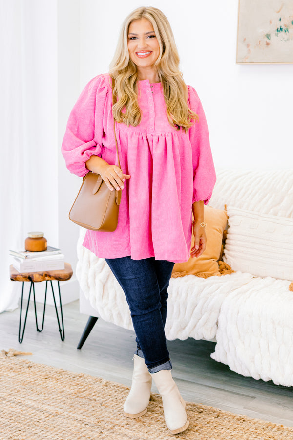 Chic Soul plus size clothing, pink babydoll top with long bubble sleeves and buttons going down the chest 