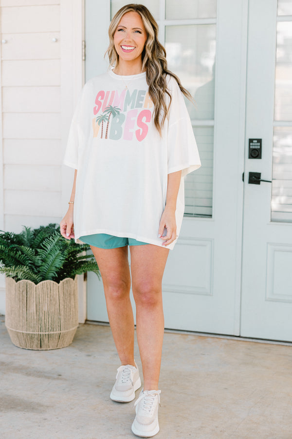 Plus Size ivory oversized boyfriend tee with a colorful Summer Vibes palm tree graphic.