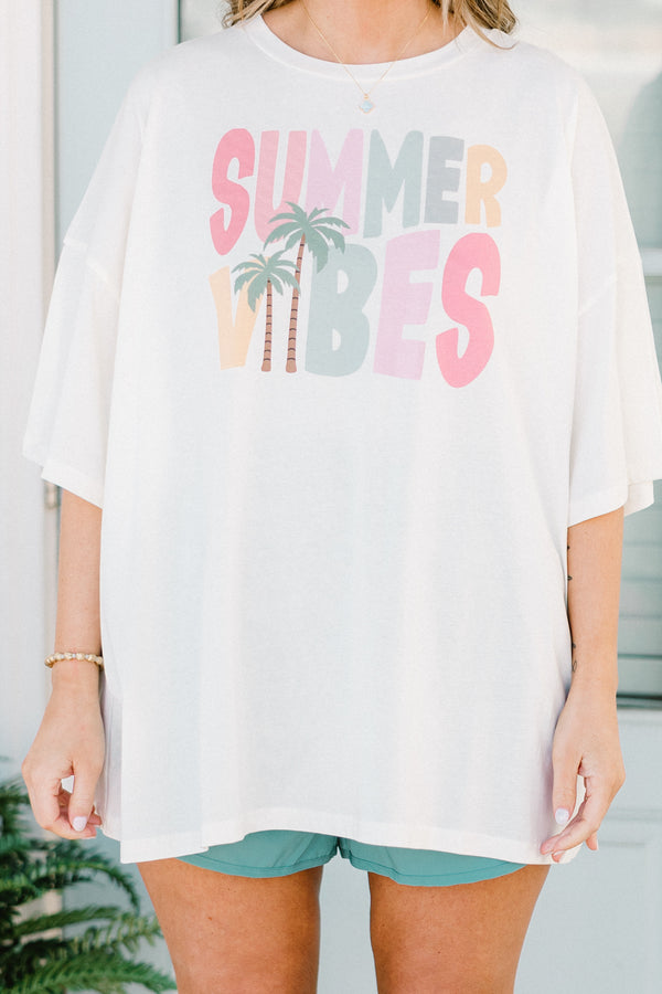 Plus Size ivory oversized boyfriend tee with a colorful Summer Vibes palm tree graphic.