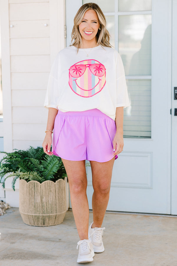 Chic Soul plus size clothing, mid-waisted lavender purple athletic shorts with slits on the sides of the shorts 