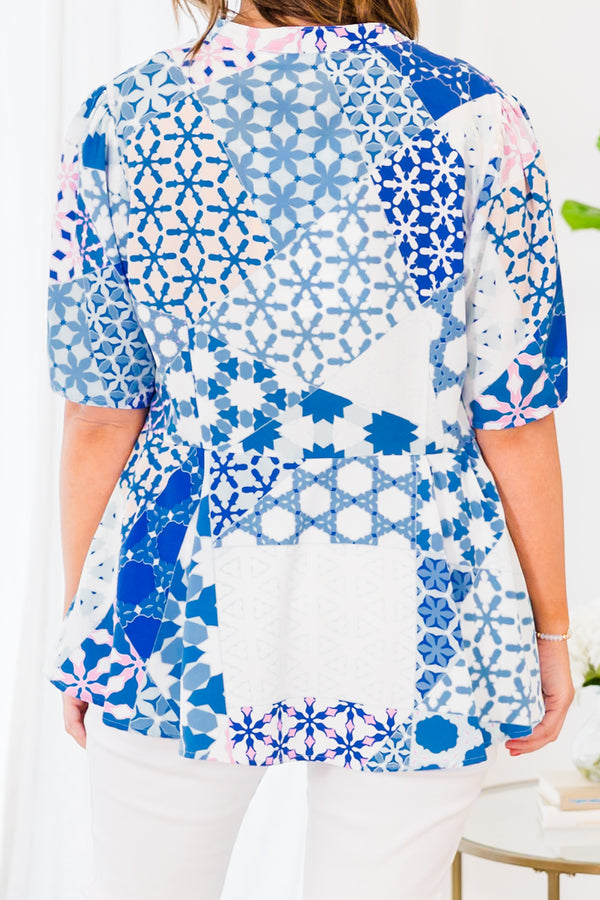 Chic Soul plus size clothing, blue top with different geometric pattern and a necktie