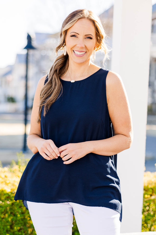Chic Soul plus size clothing, navy blue sleeveless tank top with round neckline