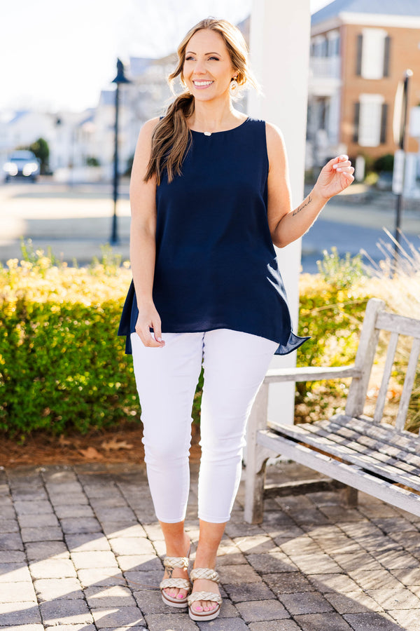 Chic Soul plus size clothing, navy blue sleeveless tank top with round neckline