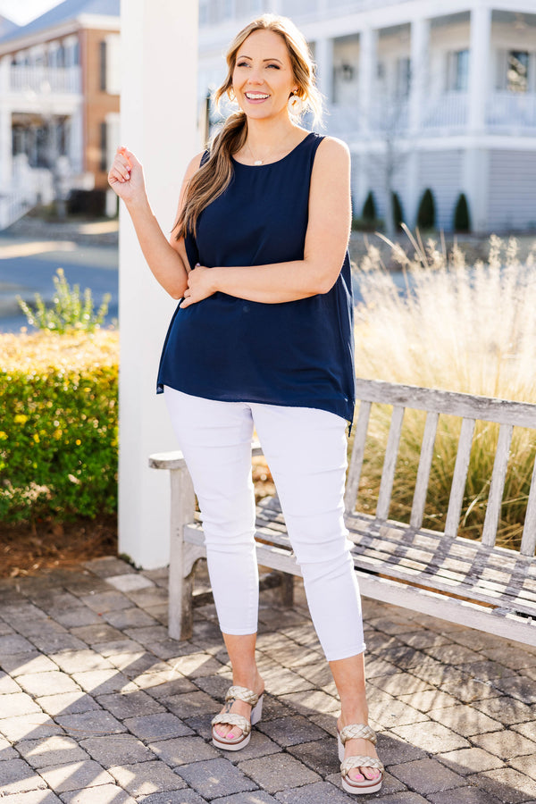 Chic Soul plus size clothing, navy blue sleeveless tank top with round neckline