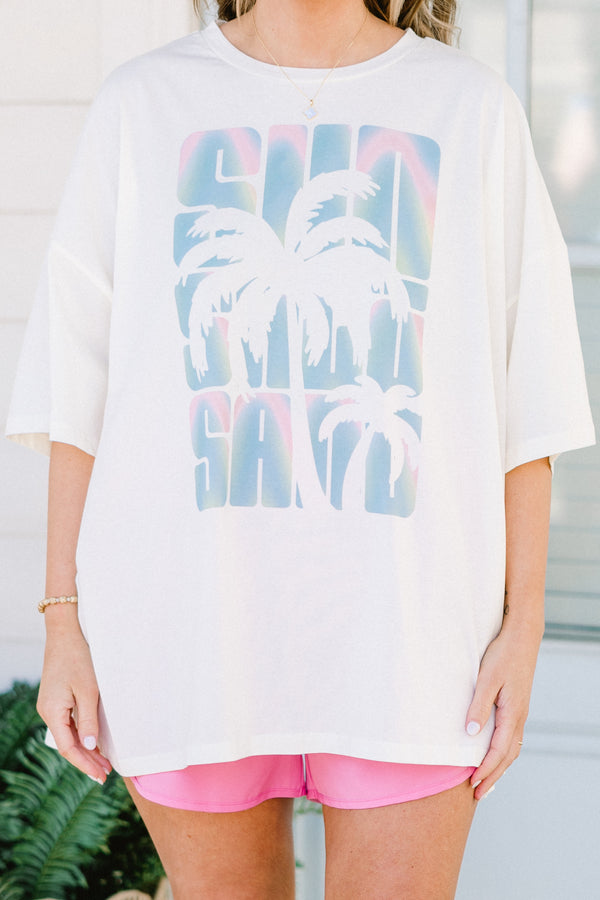Chic Soul plus size clothing, ivory short sleeve boyfriend tee with sun salt and sand text and palm tree