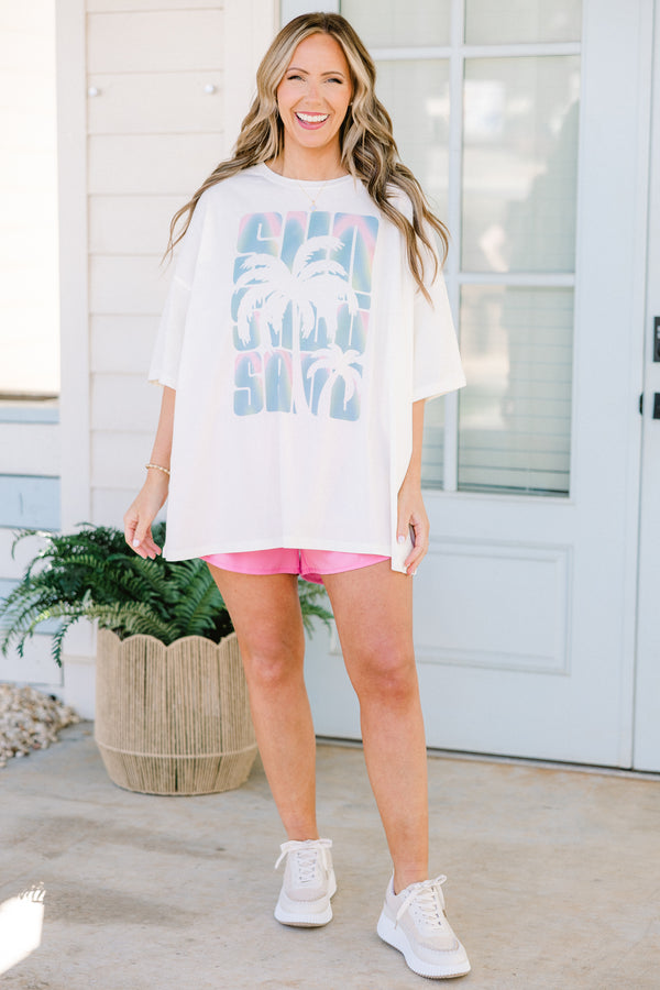 Chic Soul plus size clothing, ivory short sleeve boyfriend tee with sun salt and sand text and palm tree